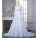 Affordable Modern V-Neck Court Train Tulle Wedding Dress with Long Sleeves