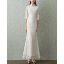 Modest Mandarin Collar Maxi Lace Bridal Wedding Dress with Half Lace Sleeves