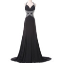 Affordable Halter Sweetheart Backless Black Chiffon Prom Evening Dress