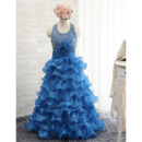 Girls Beautiful Halter Rhinestone Layered Skirt Blue Little Girls Party/ Pageant Dress