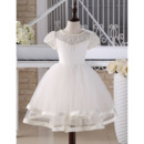 Pretty Ball Gown Knee Length First Communion Dress with Short Sleeves