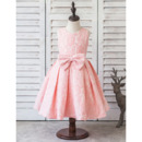 Affordable Ball Gown Tea Length Lace Flower Girl Dress with Bows