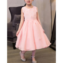 New A-Line Tea Length Chiffon Applique Flower Girl Dress