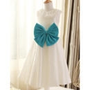 Lovely Lapel Tea Length Taffeta Flower Girl Dress with Bows