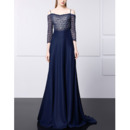 Spaghetti Straps Satin Formal Evening Dress with 3/4 Long Sleeves
