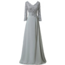 Modest V-Neck Full Length Chiffon Mother Formal Dress with 3/4 Long Sleeves