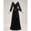 Simple V-Neck Black Long Chiffon Mother Formal Dress with Long Sleeves