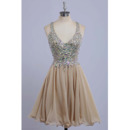 Designer V-Neck Mini/ Short Chiffon Rhinestone Formal Homecoming Dress