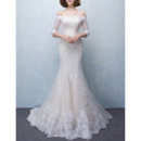 Custom Sheath Long Organza Wedding Dress with 3/4 Long Sleeves