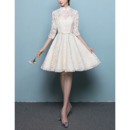 Affordable Mandarin Collar Lace Wedding Dress with 3/4 Long Sleeves