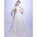 Custom Modern Sweep Train Organza Applique Bridal Wedding Dress with Short Sleeves