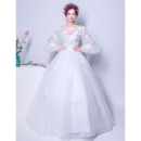 Classic Ball Gown Floor Length Bridal Wedding Dress with Long Bubble Sleeves