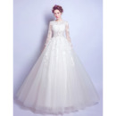 Designer Custom A-Line Floor Length Organza Bridal Wedding Dress with Long Sleeves