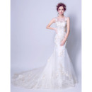 Inexpensive Elegant Sheath Court Train Satin Organza Applique Wedding Dress