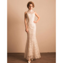 Custom Modern Sheath Mandarin Collar Floor Length Lace Reception Wedding Dress