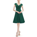 Vintage V-Neck Knee Length Chiffon Green Bridesmaid Dress with Short Sleeves