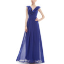 Vintage V-Neck Long Chiffon Ruffle Blue Bridesmaid Dress for Wedding