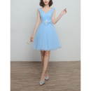 Affordable V-Neck Knee Length Satin Tulle Lace-Up Bridesmaid Wedding Dress