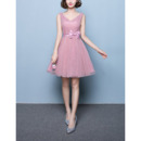 Affordable A-Line V-Neck Short Satin Tulle Bridesmaid Wedding Dress with Belt