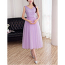 Cheap V-Neck Sleeveless Tea Length Lace Tulle Beach Bridesmaid Dress