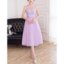 Designer Sleeveless Tea Length Tulle Satin Bridesmaid Dress