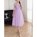 2022 Simple Tea Length Lace Bridesmaid Dress with Short Sleeves