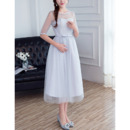 Cheap Tea Length Satin Tulle Bridesmaid Dress with Half Sleeves