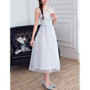 Blush Sleeveless Tea Length Satin Tulle Bridesmaid Dress
