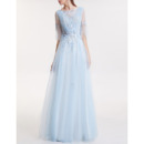 Affordable Full Length Satin Organza Formal Evening Dress with Half Sleeves