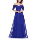Sexy Off-the-shoulder Long Blue Chiffon Evening Dress with Half Sleeves