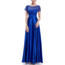 Simple Long Satin Applique Blue Fromal Evening Dress with Short Sleeves