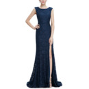 Women Fashion Sheath Sleeveless Sweep Train Lace Slit Prom Evening Dress