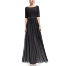 Simple Long Chiffon Lace Black Formal Evening Dress with Half Sleeves