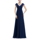 Inexpensive V-Neck Long Chiffon Formal Evening Dress with Cap Sleeves