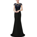 Sexy Long Lace Chiffon Black Prom Evening Dress with Short Sleeves