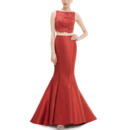Latest Mermaid Sleeveless Long Satin Lace Two-Piece Formal Evening Party Dress