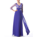 Formal Long Lace Chiffon Evening Dress with 3/4 Long Sleeves