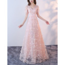 Beautiful V-Neck Floor Length Lace Formal Evening Dress with Short Sleeves