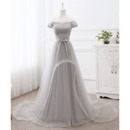 Affordable Off-the-shoulder Sweep Train Long Formal Evening Dress with Sash