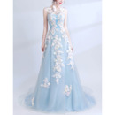 Women's Sleeveless Long Satin Tulle Formal Evening Dress with Applique