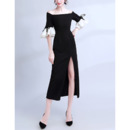 Inexpensive Off-the-shoulder Tea Length Black Formal Evening Dress with Short Sleeves