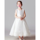 2022 Beautiful Sleeveless Tea Length Satin Flower Girl/ First Communion Dress