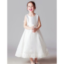 Beautiful Sleeveless Tea Length Satin Flower Girl/ First Communion Dress