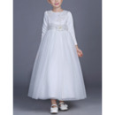 Kid's Princess Ankle Length White Flower Girl/ First Communion Dress with Long Sleeves