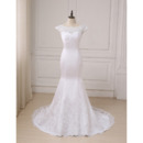 Custom Cheap Classy Trumpet Cap Sleeves Floor Length Satin Wedding Dress