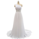 Custom One Shoulder Sweep Train Chiffon Lace-Up Plus Size Wedding Dress