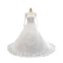 Classic A-Line Court Train Satin Tulle Plus Size Wedding Dress with Long Sleeves