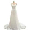 Custom V-Neck Sweep Train Plus Size Chiffon Wedding Dress with Straps