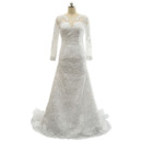 Classic V-Neck Floor Length Plus Size Lace Wedding Dress with Long Sleeves