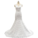 2022 New Style Trumpet V-Neck Sweep Train Lace Wedding Dress